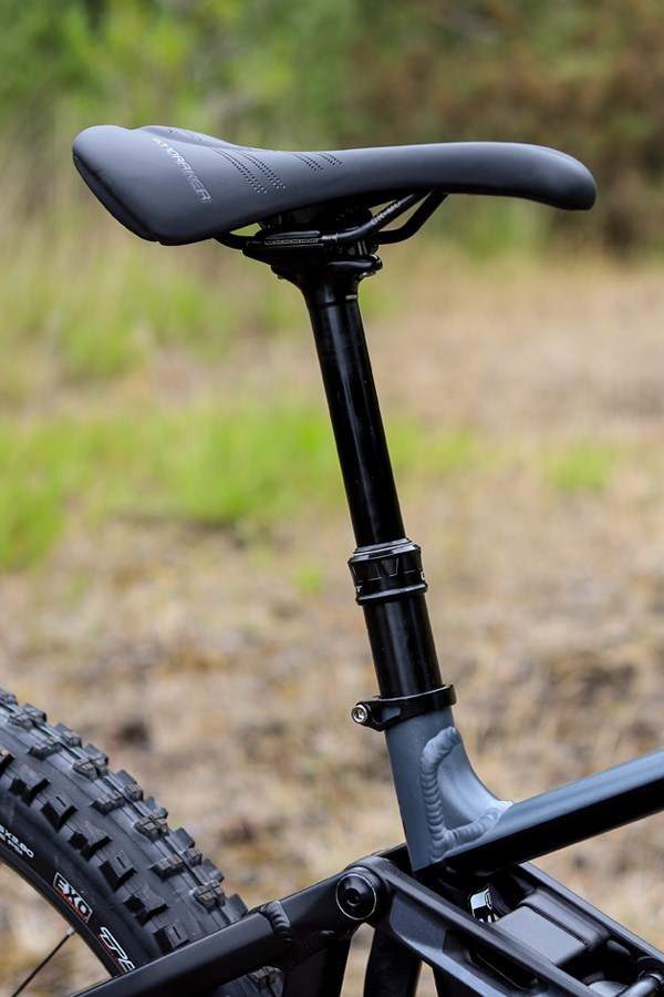 A profile shot of the Seatpost and Saddle on the Mondraker Crafty E Bike